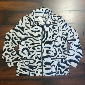 NWT Zenergy By Chico’s Jacket Neema Animal Foil Print White Black Gold